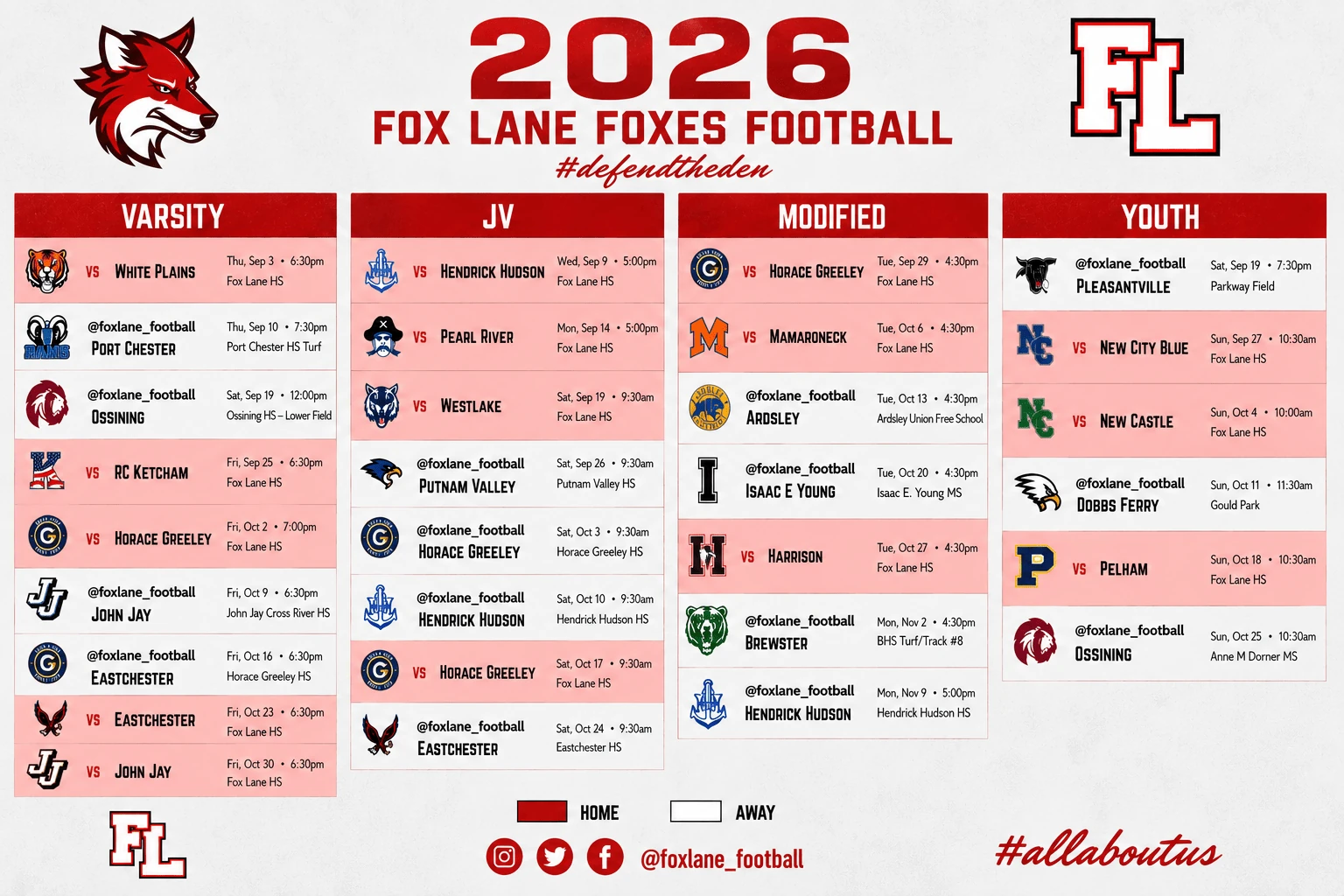 2026 Fox Lane Football schedule, all levels